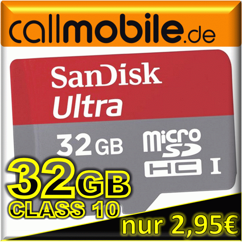 [EBAY] 32GB SanDisk microSDHC Class4 Speicherkarte inkl. SD-Adapter für nur 2,- Euro mit callmobile-Karte – zusätzlich 12,- Euro Startguthaben!