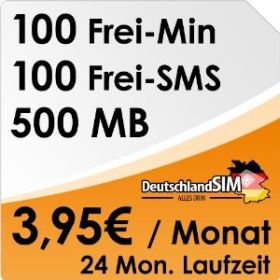 [AMAZON] Ab 16:30 Uhr im Blitzangebot: DeutschlandSIM ALL-IN 100 im O2-Netz mit 100 Freiminuten + 100 SMS + 500 MB monatlich für nur 3,95 Euro!