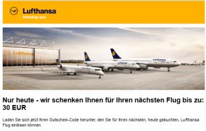 [LUFTHANSA] Cyber Monday: 30,- Euro Lufthansa Gutschein für Buchungen am 26.November 2012 gratis anfordern!