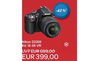 [EBAY SONNTAGSBESCHERUNG] Nikon D3200 im Bundle mit AF-S DX Nikkor 18-55 mm Objektiv nur 399,- Euro inkl. Versand (Vergleich 443,-)