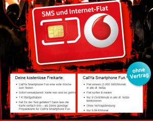 [VODAFONE CALLYA FREIKARTE] Vodafone Callya Simkarte Gratis mit 1,- Euro Startguthaben  + 7 Tage lang kostenlos 100 SMS versenden und 100 MB Datenvolument nutzen!