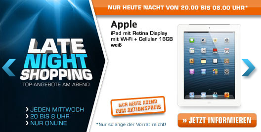 [SATURN] Late Night Shopping! Apple iPad 4, 16GB + 4G weiß für nur 555,- Euro, Samsung 40″ 3D-LED für nur 499,- Euro und mehr!