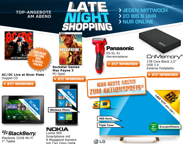 [SATURN] Late Night Shopping! LG LED TV, ACDC CD, Panasonic Rasierer, CnMemory Festplatte und und vieles mehr…