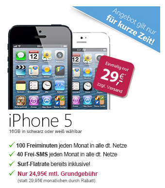 [LOGITEL] Telekom Special Call + Mobil mit iPhone monatlich 24,95 Euro + 29,- Euro für das iPhone 5