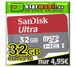 [EBAY] Prämienerhöhung! Klarmobil SIM-Karte inkl. 15,- Euro Startguthaben + 32GB SanDisk Mobile Ultra microSDHC Class10 nur 4,95 Euro!