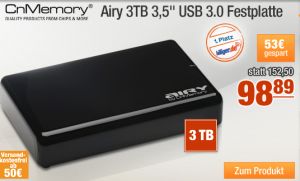 [PLUS.DE] Plus des Tages: Externe 3,5″ Festplatte CnMemory USB 3.0 AIRY mit 3TB Speicher für nur 93,89 Euro