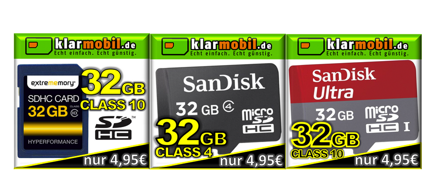 EBAY] Klarmobil SIM-Karte inkl. 15,- Euro Startguthaben + 32GB microSDHC oder SDHC Speicherkarte für nur 4,95 Euro max. 2 Stück pro Person