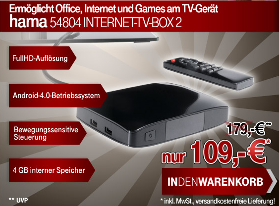 [004.de – früher T-Online-Shop] Hama Internet-TV-Box II mit Fernbedienung (HDMI, 4GB Flashspeicher, Android 4.0, USB 2.0) für nur 109,- Euro inkl. Versand
