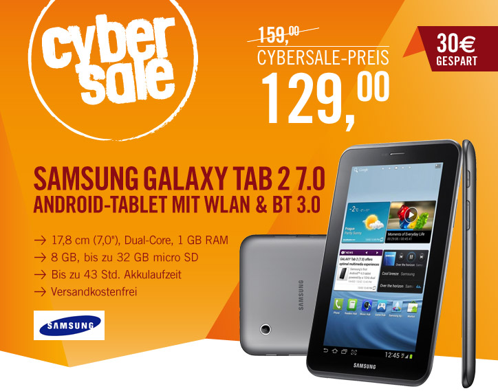 [CYBERSALE] Samsung Galaxy Tab 2 7.0 P3110 WiFi only 8GB titanium-silber für nur 129,-Euro inkl. Versand (Vergleich 151,40)