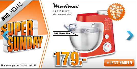 [SATURN SUPER SUNDAY] Küchenmaschine Moulinex QA411G in rot inkl. Pasta-Box für nur 179,- Euro!
