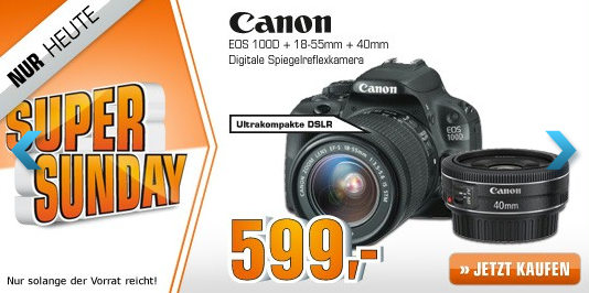 [SATURN] Deal des Tages! Canon EOS 100D inkl 18-55mm DC und 40mm STM Objektiv nur 599,- Euro bei Lieferung in den Saturn-Markt (Vergleich 749,-)