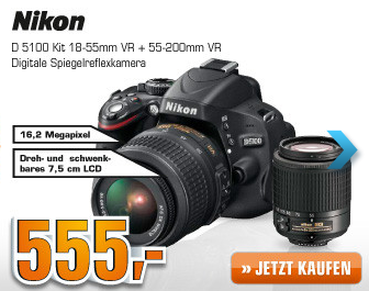[SATURN SUPER SUNDAY] Digitale Spiegelreflexkamera Nikon D5100 mit 18-55mm Objektiv und 55-200mm Objektiv für zusammen nur 555,- Euro!