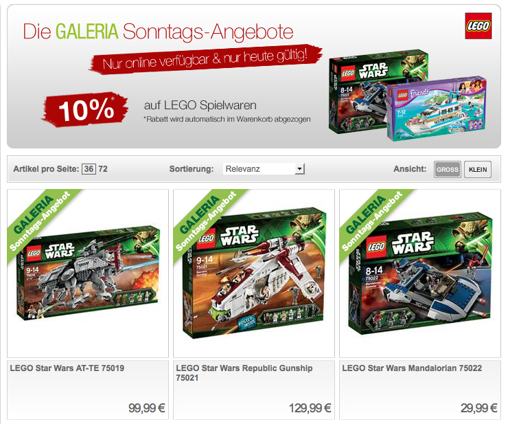 [GALERIA-KAUFHOF.DE] Heute als Sonntagsangebot 10% Rabatt auf alle Lego Spielwaren + 10% Gutscheincode!