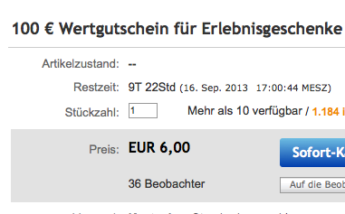 [PREISFEHLER] 100 € Wertgutschein für Erlebnisgeschenke statt für 60,- Euro für nur 6,- Euro