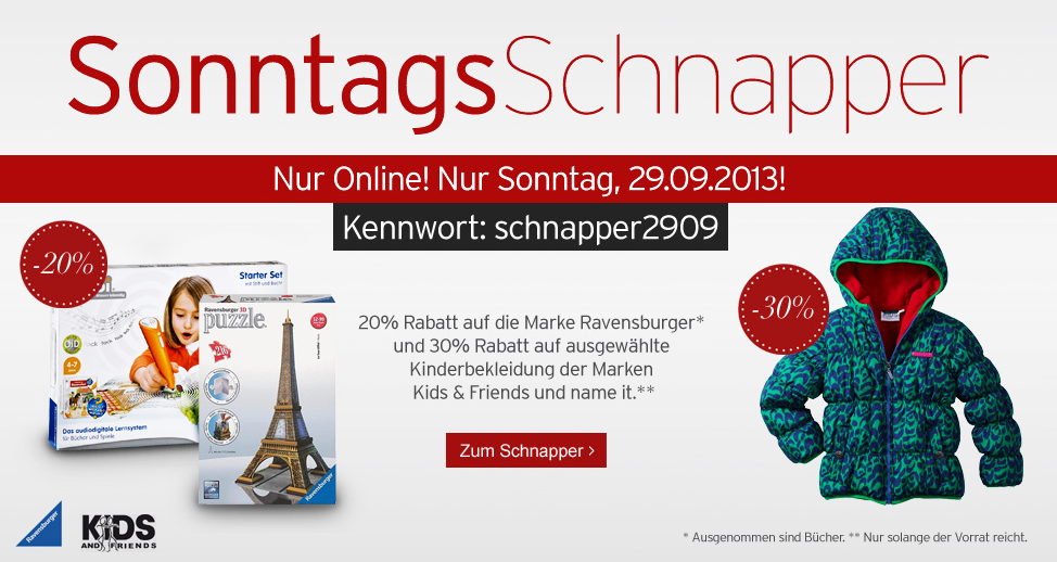 [KARSTADT SONNTAGSSCHNAPPER] 20% Rabatt auf Ravensburger Spiele und 30% Rabatt auf Kindermode von Kids&Friends und Name It