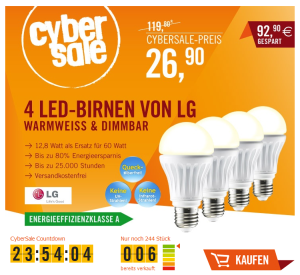 [CYBERPORT CYBERSALE] 4er Set LED-Leuchtmittel LG Classic A LED 12,8W E27 dimmbar (Warmweiß) für nur 26,90 Euro inkl. Versand!