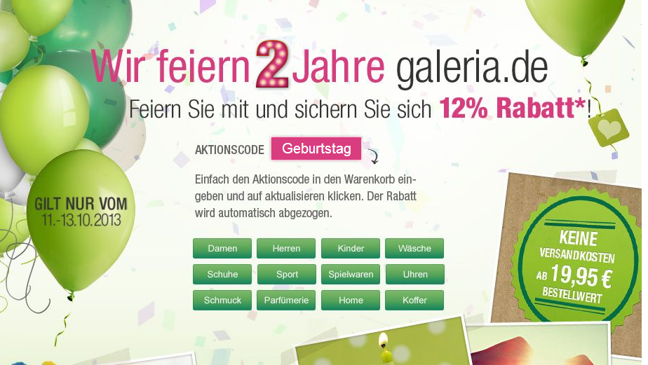 [GALERIA] TIPP! 12% Rabattgutschein auf fast ALLES bei Galeria-Kaufhof zum 2. Geburtstag!