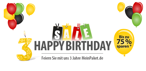 [MEINPAKET] Happy Birthday! Meinpaket feiert den 3. Geburtstag und ihr bekommt die Geschenke – Rabatte von bis zu 75% möglich.