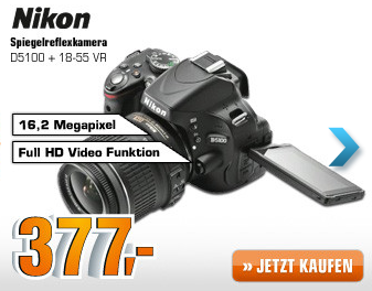 [SATURN SUPER SUNDAY] Digitale Spiegelreflexkamera Nikon D5100 mit 18-55mm VR Objektiv für nur 377,- Euro!