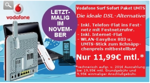 [OBOCOM.DE] 24 Monate Vodafone Surf Sofort Paket UMTS mit 10GB Internet-Flat und Festnetz-Flat dank 201,- Euro Auszahlung aufs Konto für nur 11,99 Euro pro Monat!