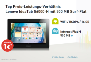 [BASE.DE] Lenovo IdeaTab S6000-H mit 500 MB Surf-Flat für nur 241,- Euro bzw. 10,04 Euro pro Monat!