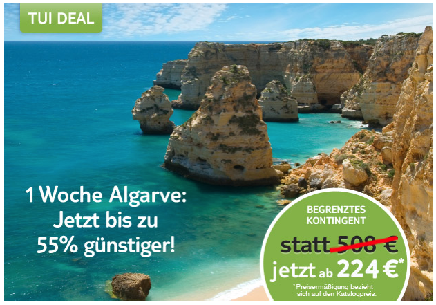 [REISEHUGO] Noch 24 Stunden! TUI Freitags-Deal – 7 Tage Algarve mit Flug, sehr gutes 4* Hotel (95%), Frühstück, Zug zum Flug, Transfer nur 224,- Euro (statt 508,-)