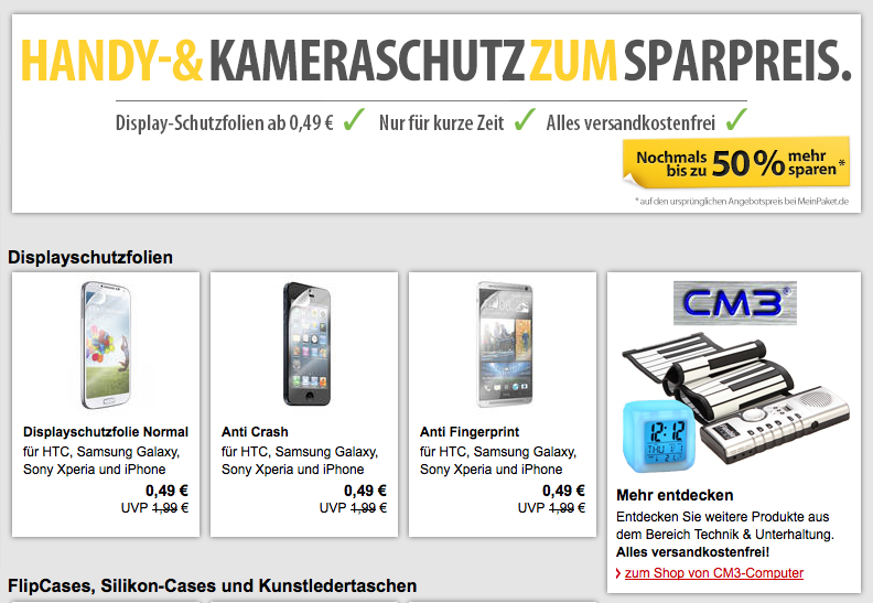 [MEINPAKET.DE] Handyschutzfolien für Samsung Galaxy S4, HTC One, iPhone 5s und viele andere für nur 49 Cent inkl. Versand!