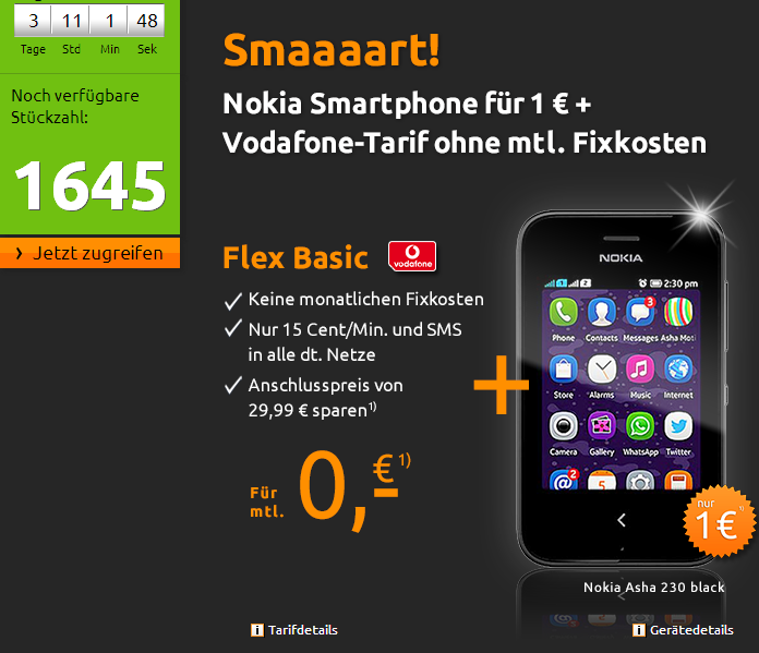 Mit Gewinn! Kostenlosen Vodafone-Tarif ohne Fixkosten abschließen – ein Nokia Asha 230 für nur 1,- Euro dazu