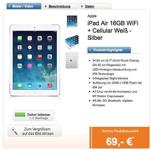 [LOGITEL] Bis 16 Uhr! Das neue Apple iPad Air WiFi + Cellular in spacegrau oder silber zum Bestpreis + 3GB Internet-Flat effektiv nur 2,44 Euro monatlich