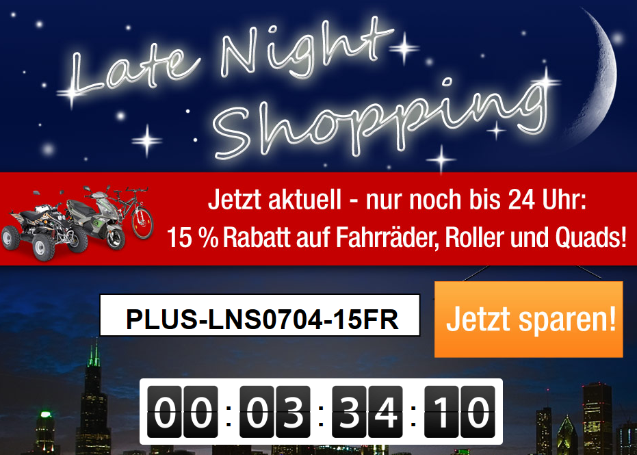 [PLUS.DE] Late Night Shopping ab 21:00 Uhr – 15% Rabatt auf alle Fahrräder und Roller – z.B. 49ccm Rex Aspen Quad bis 45 Km/h für nur 1360,- Euro!