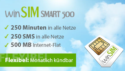 Wieder da! WinSim Smart 500 Tarif mit 250 Minuten und 250 SMS + Internet-Flat mit 500MB monatlich kündbar nur 7,95 Euro!