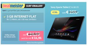 [SPARHANDY] Surf-Knaller! 5GB o2 go Surf Flat L plus 24 für nur 11,91 Euro monatliche und dazu Sony Xperia Tablet Z LTE für nur 39,- Euro Zuzahlung!
