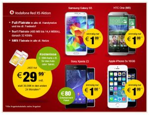 [LOGITEL.DE] Update: Vodafone Red XS Aktion für nur 29,99 Euro monatlich und dazu High-End Smartphones wie Galaxy S5, HTC One M8 oder iPhone 5S für je nur 1,- Euro!