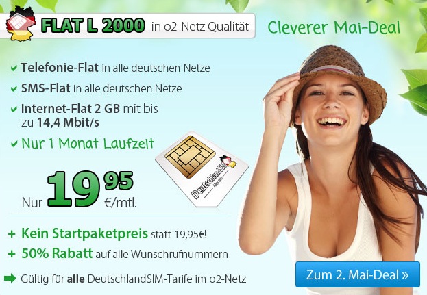 [DEUTSCHLANDSIM] Tipp! Clevere Mai-Deals: o2 Allnet-Flat inkl. 2000MB Internet-Flat und SMS Flat nur 19,95 Euro/Monat – ohne Laufzeit!