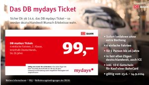 [DEUTSCHE BAHN] DB Mydays Ticket – 4 Einfache Fahrten innerhalb Deutschlands für  nur 99,- Euro!