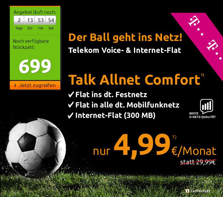 [CRASH-TARIFE] Schnell sein! Talk Allnet Comfort inkl. Internet-Flatrate Im Telekom Netz für nur 4,99 Euro monatl.