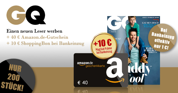 Geht noch! Jahresabo der beliebten Männerzeitschrift GQ durch einen 40,- Euro Amazon Gutschein effektiv nur 1,- Euro