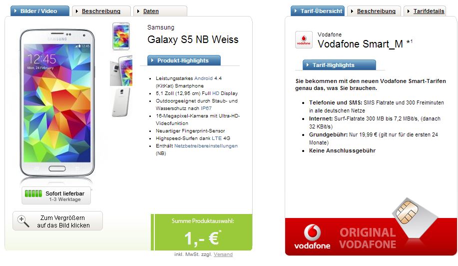 Vodafone Smart M für nur 19,99 Euro monatlich + Samsung Galaxy S5 für nur 39,- Euro Zuzahlung