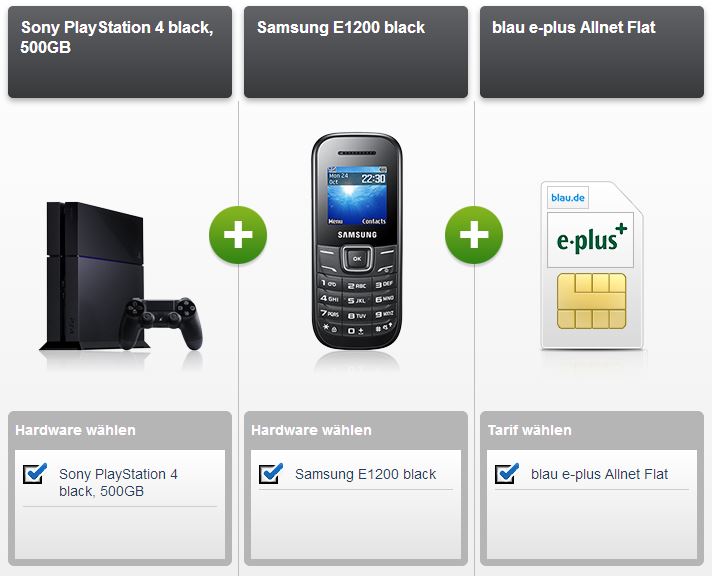 Modeo! E-Plus Allnet Flat mit Samsung E1200 black und Sony PlayStation 4 black, 500GB (99,- Euro Zuzahlung) für nur 19,90 Euro im Monat