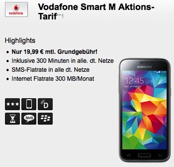 Original Vodafone Smart M (300 Min, SMS-Flat, Internet-Flat) nur 19,95 Euro pro Monat inkl. Samsung Galaxy S5 Mini 16GB (Wert 400,-) für 1,- Euro