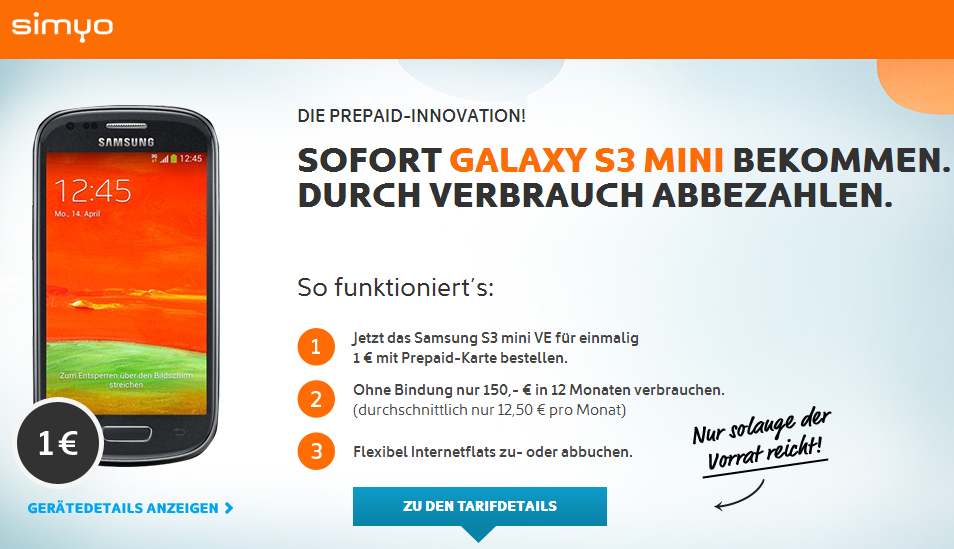 Tipp! Simyo Prepaid Starter 9 Cent Tarif mit Samsung S3 mini VE + einmalig 1,- Euro!
