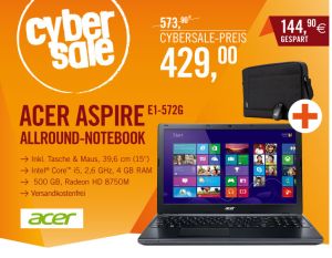 Cyberport Cybersale: Acer Aspire E1-572G-54204G50Dnkk Notebook i5-4200U matt HD inkl. Tasche & Maus für nur 429,- Euro inkl. Versand