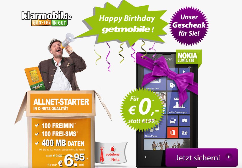 Klarmobil Allnet Starter für nur 6,95 Euro pro Monat inkl. 100 Freiminuten, 100 Frei SMS und 400 MB Datenvolumen und gratis Nokia Lumia 520