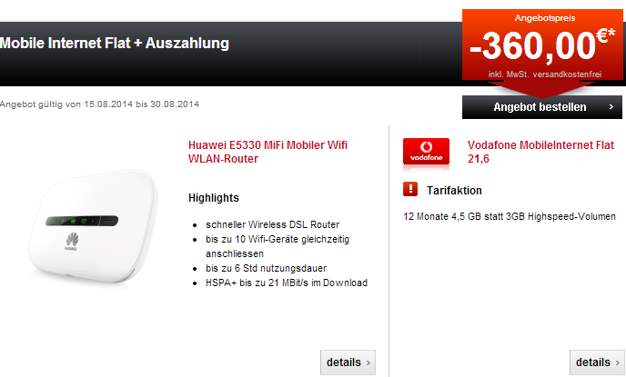 Sehr gut! 4,5 / 3 GB Vodafone Mobile Internet Flat 21,6 für effektiv nur 4,99  Euro pro Monat + WLAN-Router oder Stick!