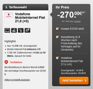 Kracher! 50Mbit/s Vodafone Mobile Internet mit 3GB Datenvolumen und UMTS-Hotspot für effektiv nur 3,74 Euro pro Monat dank 270,- Euro Barauszahlung!