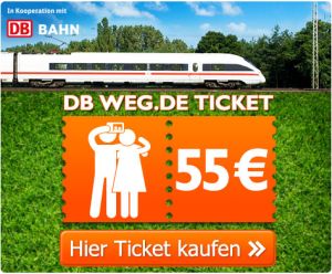 Reiseschnäppchen ab Freitag! Mit dem DB & WEG.DE Ticket mit bis zu 2 Personen + Kinder deutschlandweit für nur 55,- Euro Zug fahren!