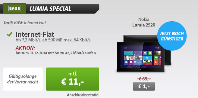 Super! BASE Internet Flat 11 + Nokia Lumia 2520 nur 11,- Euro monatlich + 1,- Euro Zuzahlung