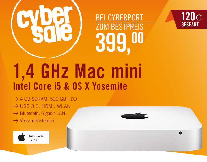 Cybersale! Apple Mac mini 1,4 GHz Intel Core i5 (MGEM2D/A) für nur 399,- Euro inkl. Versand