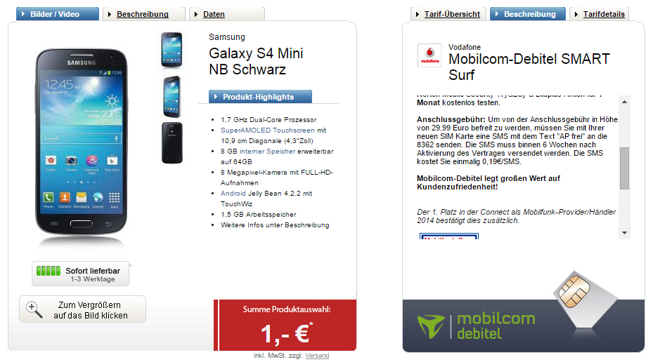 mobilcom-debitel Smart Surf im Vodafone-Netz mit Samsung Galaxy S4 mini für nur 9,99 Euro im Monat + 1,- Euro Zuzahlung