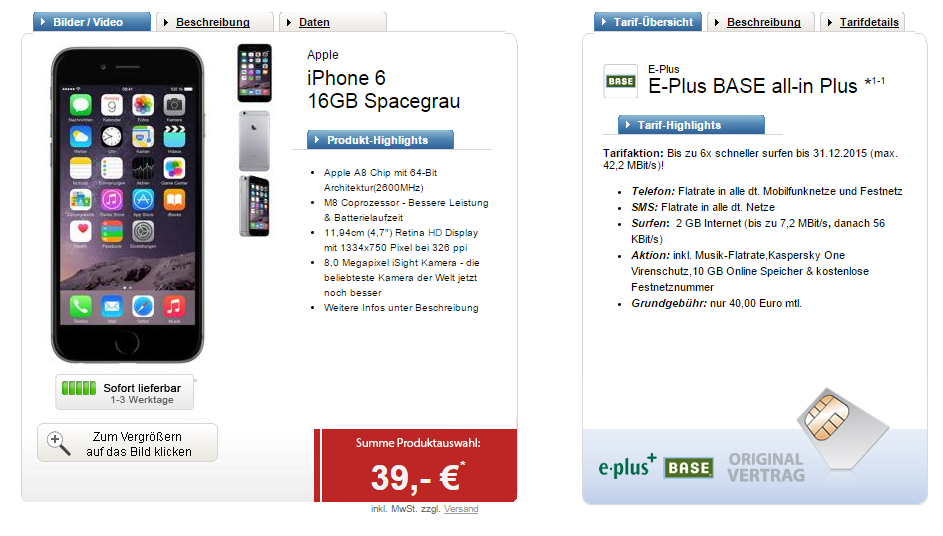 Rundum Sorglos Paket: Apple iPhone 6 mit 16GB Speicher + E-Plus BASE all-in Plus mit 2GB Datenflat für nur 40,- Euro (oder für ADAC-Mitglieder für 36,- Euro) monatlich + 39,- Euro Zuzahlung!